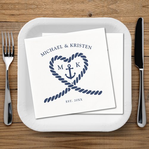 Nautical Blue Rope Heart Anchor Monogram Wedding  Napkins