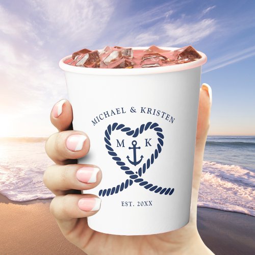 Nautical Blue Rope Heart Anchor Monogram Wedding  Paper Cups