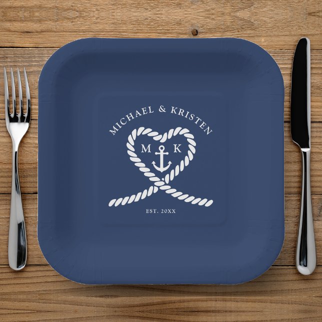Nautical Blue Rope Heart Anchor Monogram Wedding  Paper Plates (Nautical Blue Rope Heart Anchor Monogram Wedding Paper Plates)