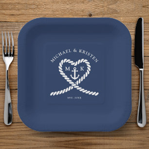 Nautical Blue Rope Heart Anchor Monogram Wedding  Paper Plates