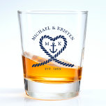 Nautical Blue Rope Heart Anchor Monogram Wedding  Shot Glass<br><div class="desc">Nautical blue and white wedding shot glass for a bride and groom.  Great for a Navy (military) or lake house wedding.  Design features a heart shaped rope with anchor and couple initials in the middle.  Personalize it with your wedding details.</div>