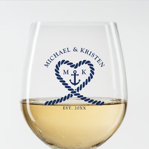 Nautical Blue Rope Heart Anchor Monogram Wedding  Stemless Wine Glass