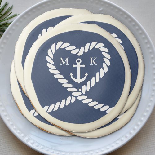 Nautical Blue Rope Heart Anchor Monogram Wedding  Sugar Cookie