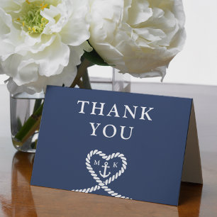 Nautical Blue Rope Heart Anchor Monogram Wedding Thank You Card