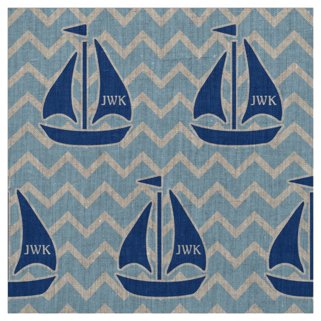 Nautical Blue Sailboat and Chevron Personalized Fabric (Swatch)