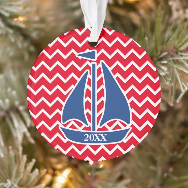 Nautical Blue Sailboat Custom Chevron pattern Ornament (Tree)