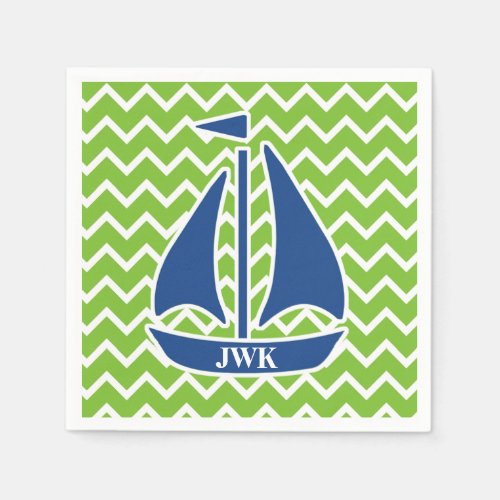Nautical Blue Sailboat Custom Chevron pattern Paper Napkins