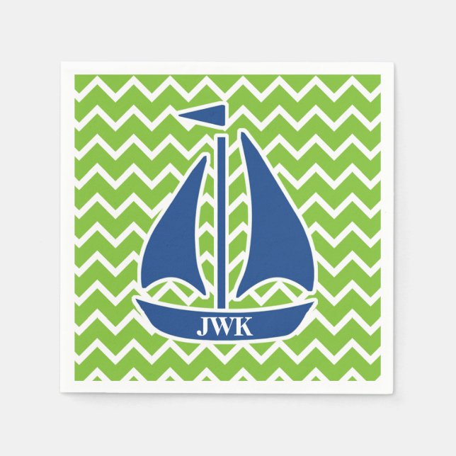 Nautical Blue Sailboat Custom Chevron pattern Paper Napkins (Front)