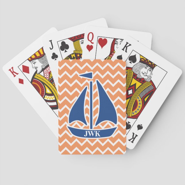 Nautical Blue Sailboat Custom Chevron pattern Poker Cards (Back)
