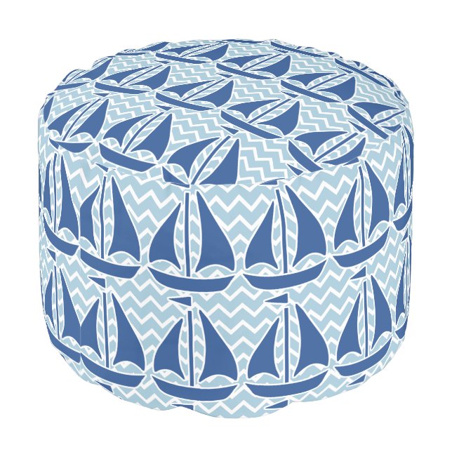 Nautical Blue Sailboat Custom Chevron pattern Pouf (Angled Back)