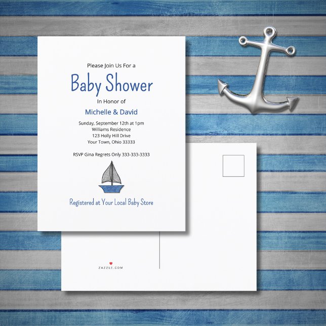 Nautical Blue Sailboat Cute Boy Baby Shower  Announcement Postcard (Creator Uploaded)