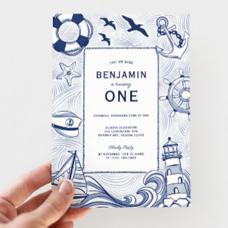 Nautical Blue Sailboat Lighthouse 1st Birthday Invitation