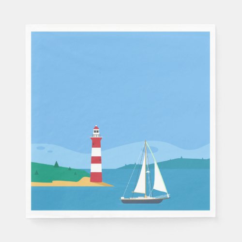 Nautical Blue Sailboat  Lighthouse Wedding Party Napkins