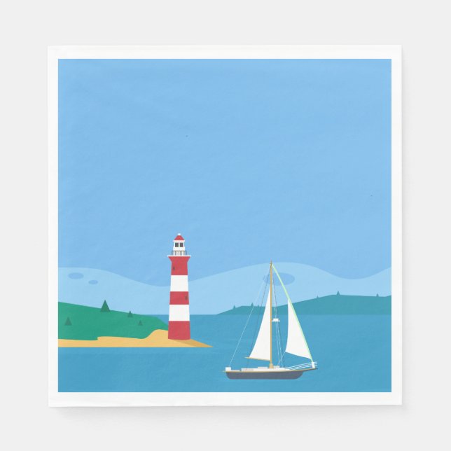 Nautical Blue Sailboat & Lighthouse Wedding Party Napkins (Front)
