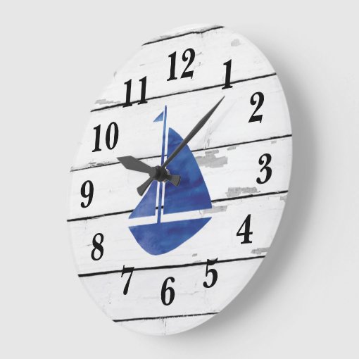 Nautical Blue Sailboat Shiplap Rustic Decor Large Clock | Zazzle