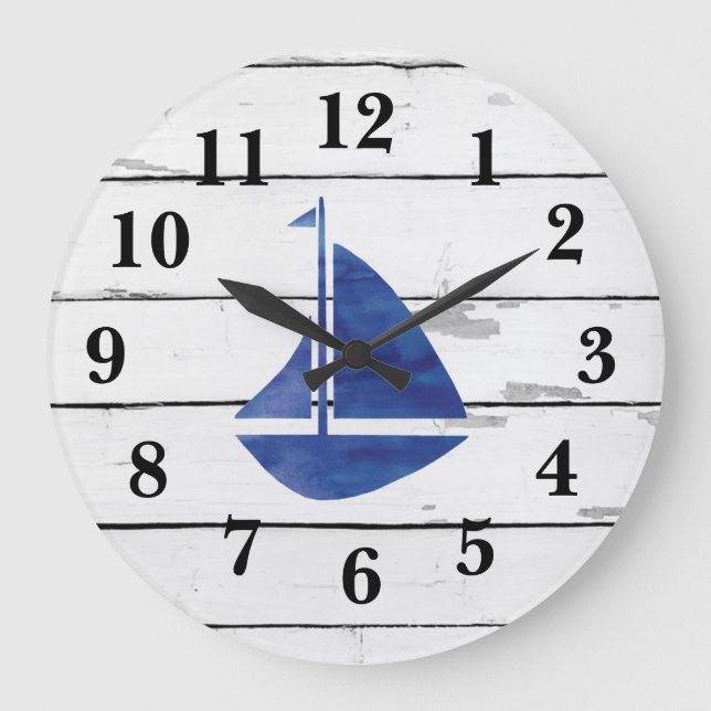Nautical Blue Sailboat Shiplap Rustic Decor Large Clock (Front)
