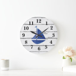 Nautical Blue Sailboat Shiplap Rustic Decor Large Clock | Zazzle