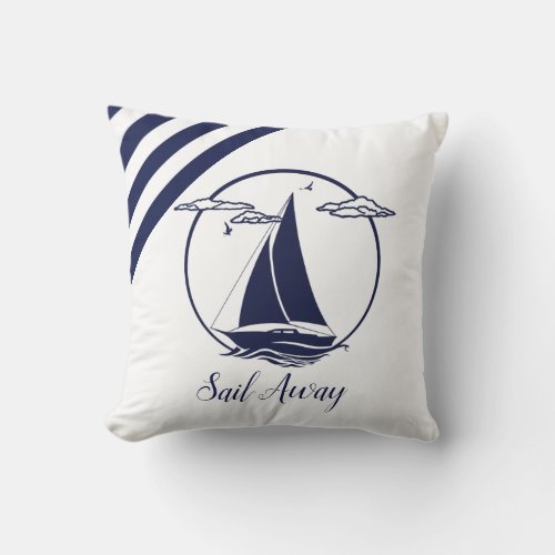 Nautical blue sailboat silhouettesail awaynavy throw pillow