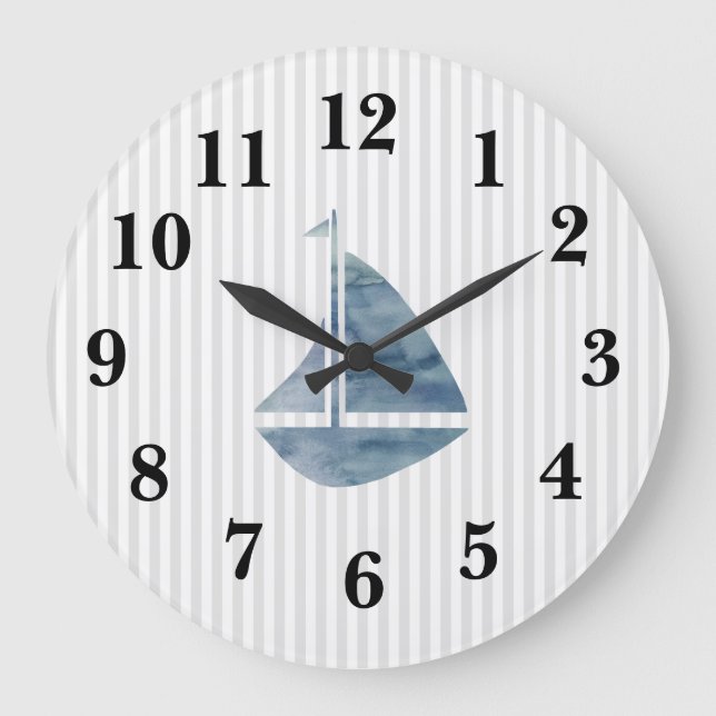 Nautical Blue Sailboat Stripe Preppy Large Clock (Front)