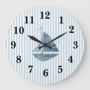 Nautical Blue Sailboat Stripe Preppy Large Clock