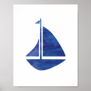 Nautical Blue Sailboat Watercolor Painting Poster
