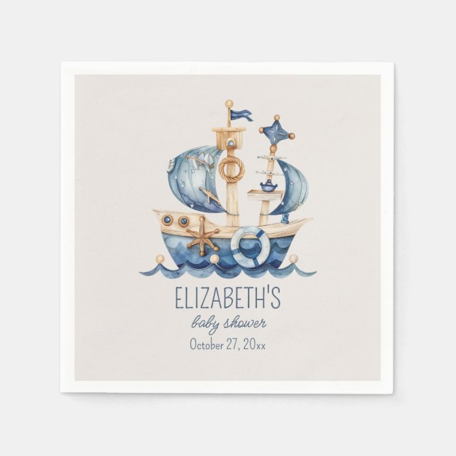 Nautical Blue Sailing Ship Baby Shower Napkins (Front)