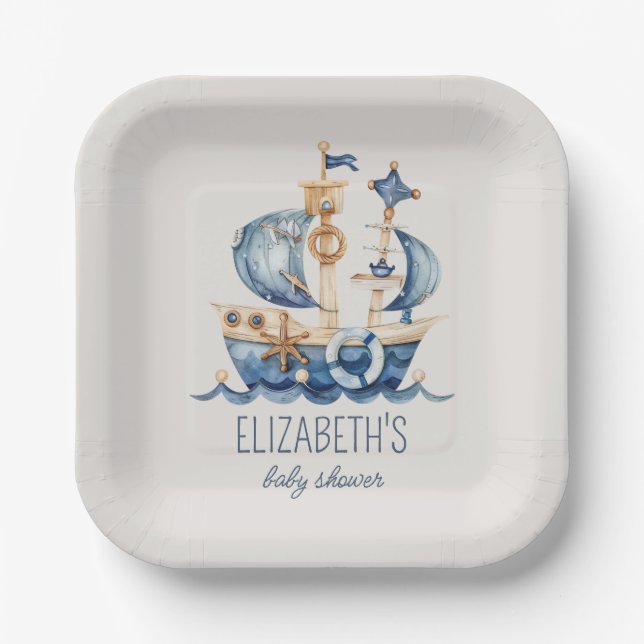 Nautical Blue Sailing Ship Baby Shower Paper Plates (Front)