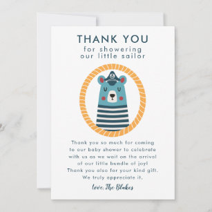 Nautical Blue Sailor Bear Baby Shower Thank You Card