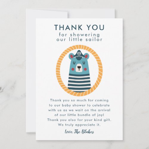 Nautical Blue Sailor Bear Baby Shower Thank You Card