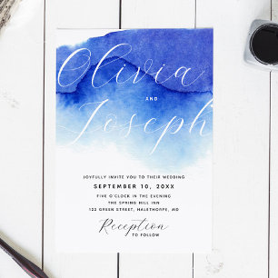 Nautical blue script photo wedding + QR details Invitation