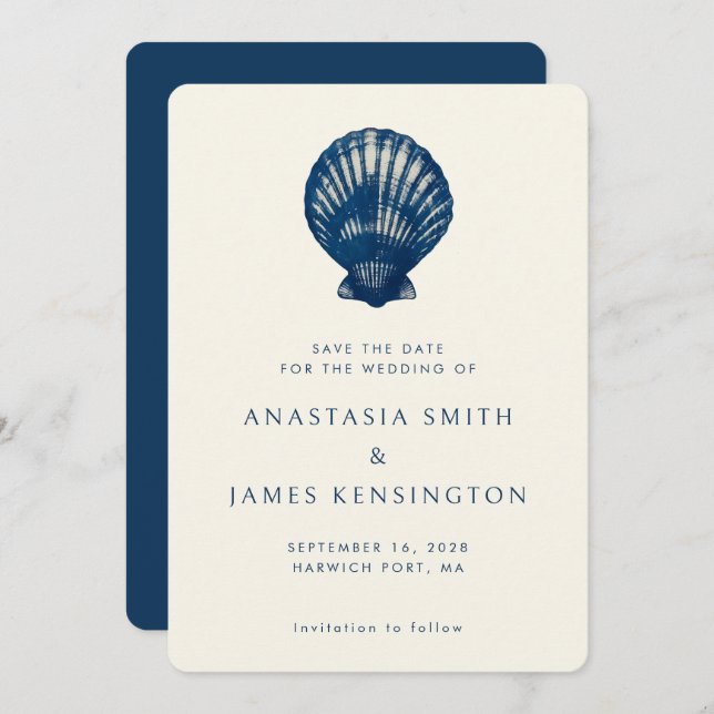 Nautical Blue Sea Shell Stylish Modern Wedding Invitation (Front/Back)