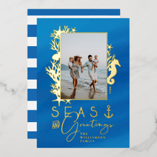 Nautical Blue Seas & Greetings Ocean Photo Frame Foil Holiday Card