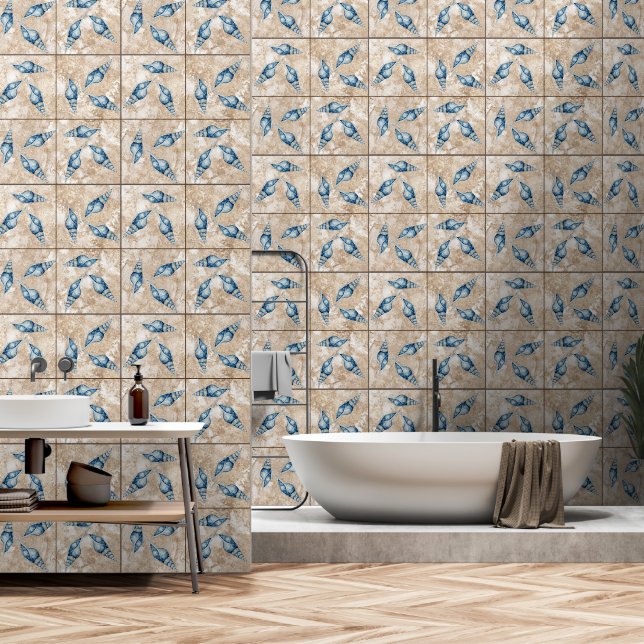 Nautical Blue Seashells Sand Tan Faux Tile Wallpaper (Bathroom)