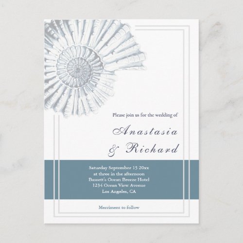 Nautical Blue Shell Budget Wedding Invitation Postcard