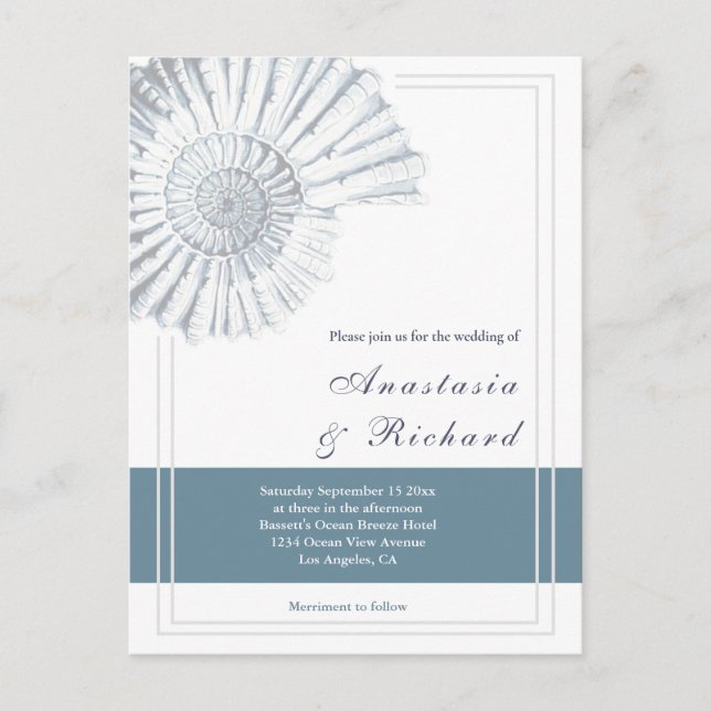 Nautical Blue Shell Budget Wedding Invitation Postcard (Front)