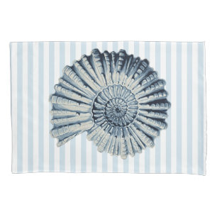 Nautical Blue Spiral Shell & White Stripes Pillowcase