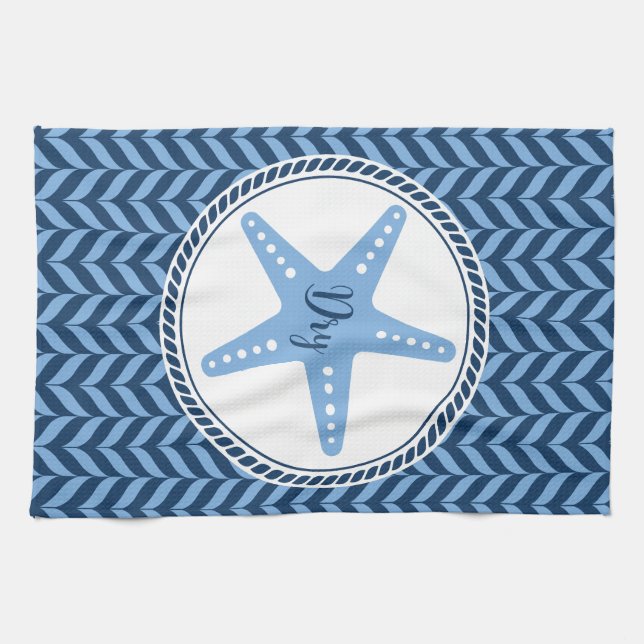 Nautical Blue Starfish coastal  Kitchen Towel (Horizontal)
