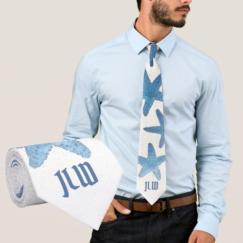 Nautical Blue Starfish on White Neck Tie