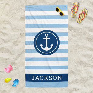 Nautical Blue Stripe Anchor Monogram Name Beach Towel