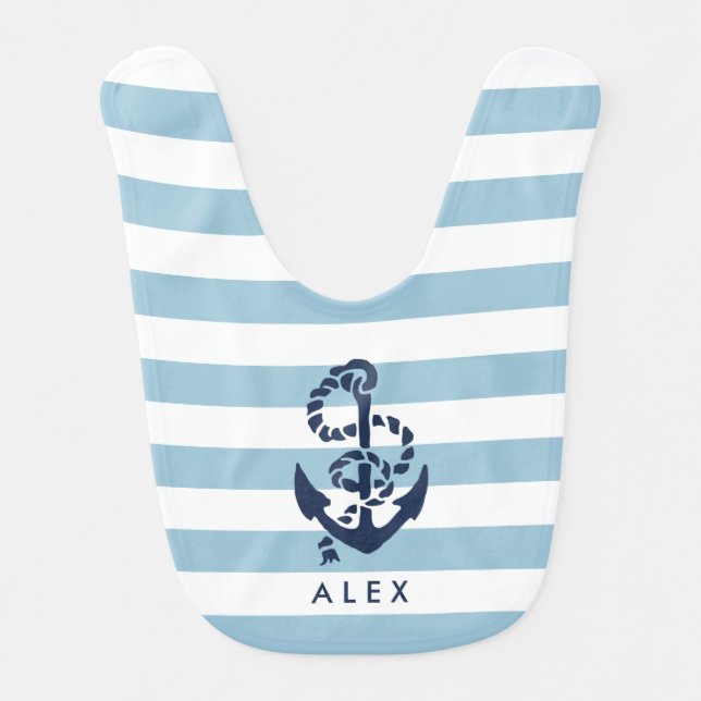 Nautical Blue Stripe Anchor Personalized Bib (Front)