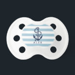 Nautical Blue Stripe Anchor Personalized Pacifier<br><div class="desc">Design features a rope and anchor illustration in classic navy blue on a light blue and white stripe background. Personalize with a name or text of your choice. Coordinating accessories available in our shop.</div>