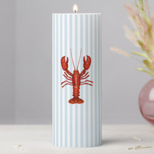 Nautical Blue Stripe Lobster Coastal Pillar Candle
