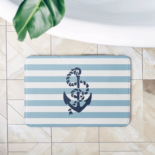 Nautical Blue Stripe Navy Anchor Bathroom Mat (Creator Uploaded)