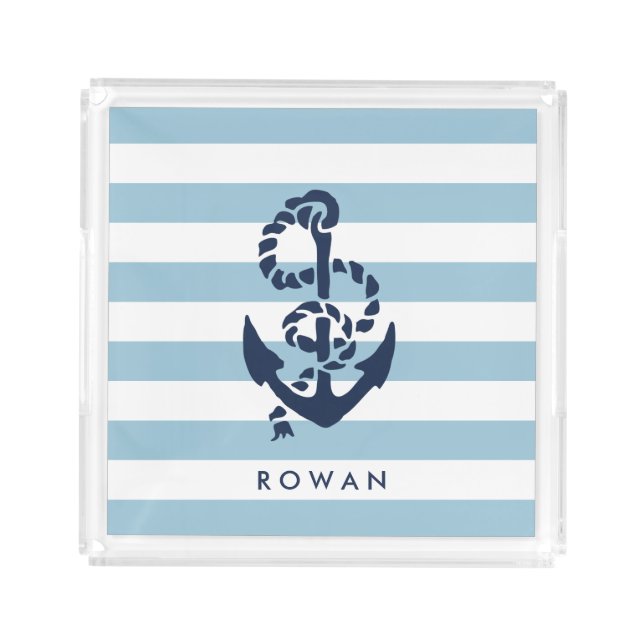 Nautical Blue Stripe & Navy Anchor Personalized Acrylic Tray (Front)