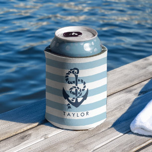 Nautical Blue Stripe & Navy Anchor Personalized Can Cooler