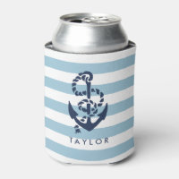 Nautical Blue Stripe & Navy Anchor Personalized Can Cooler