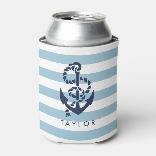 Nautical Blue Stripe  Navy Anchor Personalized Can Cooler
