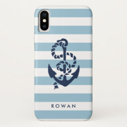 Nautical Blue Stripe &amp; Navy Anchor Personalized iPhone XS Case