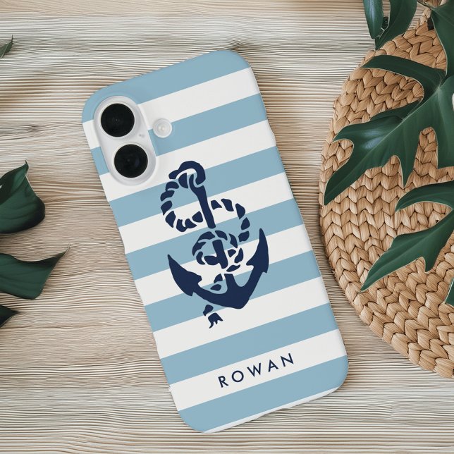 Nautical Blue Stripe & Navy Anchor Personalized Case-Mate iPhone Case (Creator Uploaded)