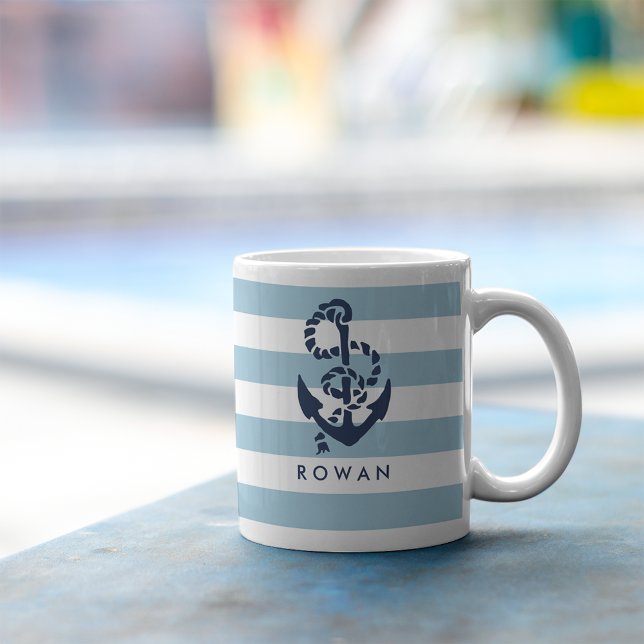 Nautical Blue Stripe & Navy Anchor Personalized Coffee Mug (Creator Uploaded)